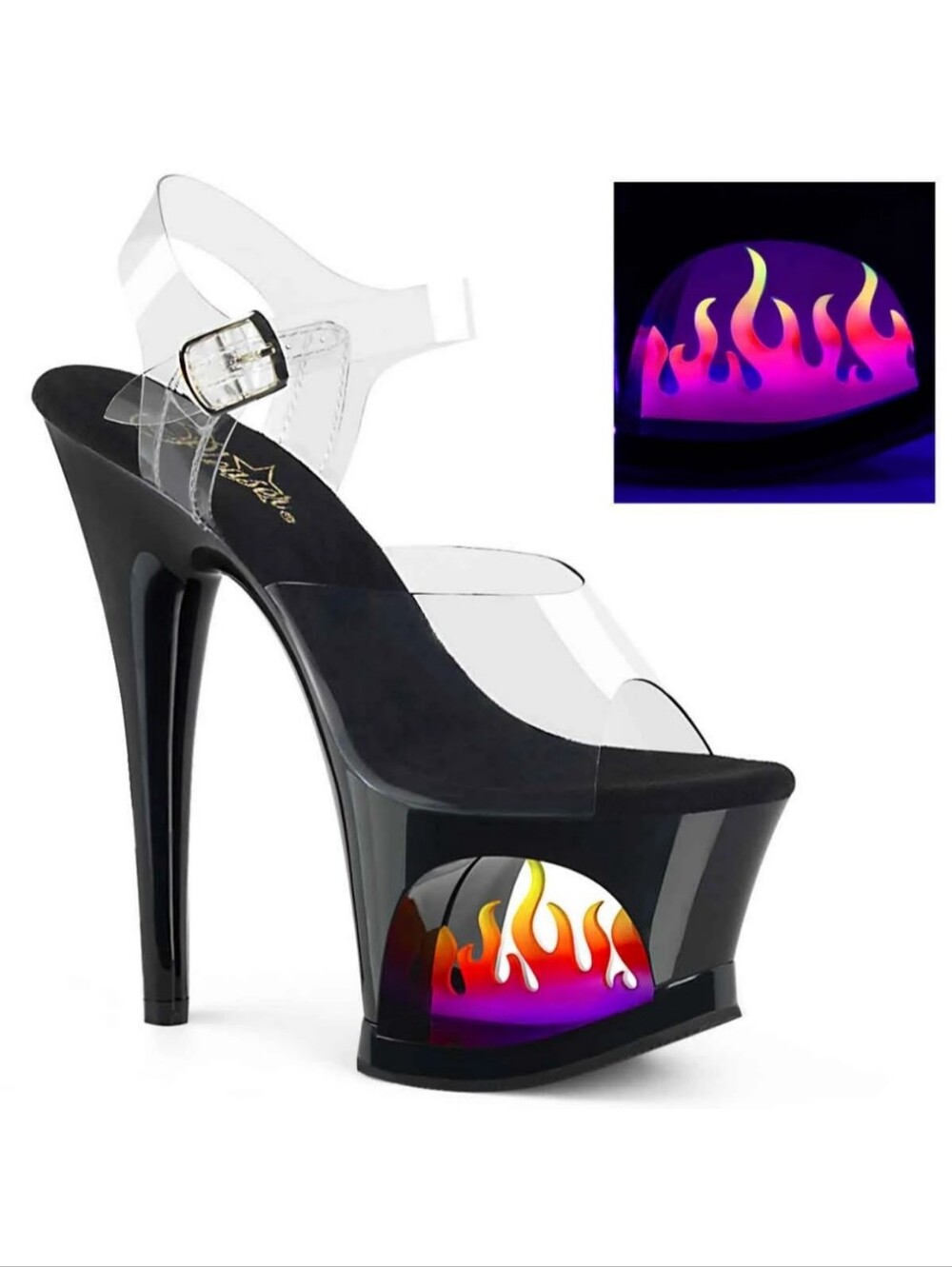 Pleaser Black Platform Heels with Neon Flame and Clear Straps - Size 6